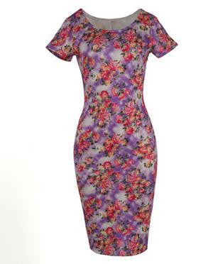 Floral Dress  Work Busines Casual Flower Print O-Neck Short Sleeve Bodyon Pencil Dress - Sins & Temptations