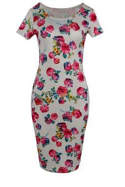 Floral Dress  Work Busines Casual Flower Print O-Neck Short Sleeve Bodyon Pencil Dress - Sins & Temptations