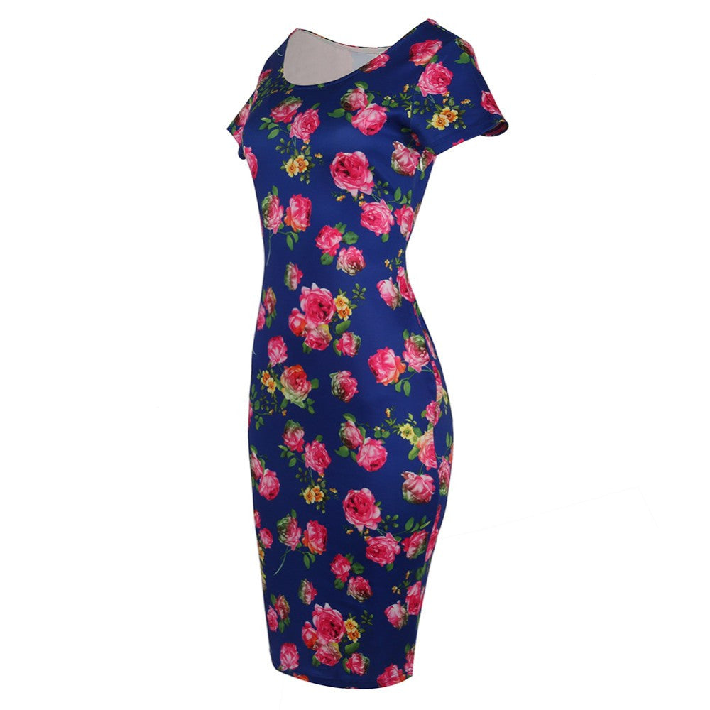 Floral Dress  Work Busines Casual Flower Print O-Neck Short Sleeve Bodyon Pencil Dress - Sins & Temptations