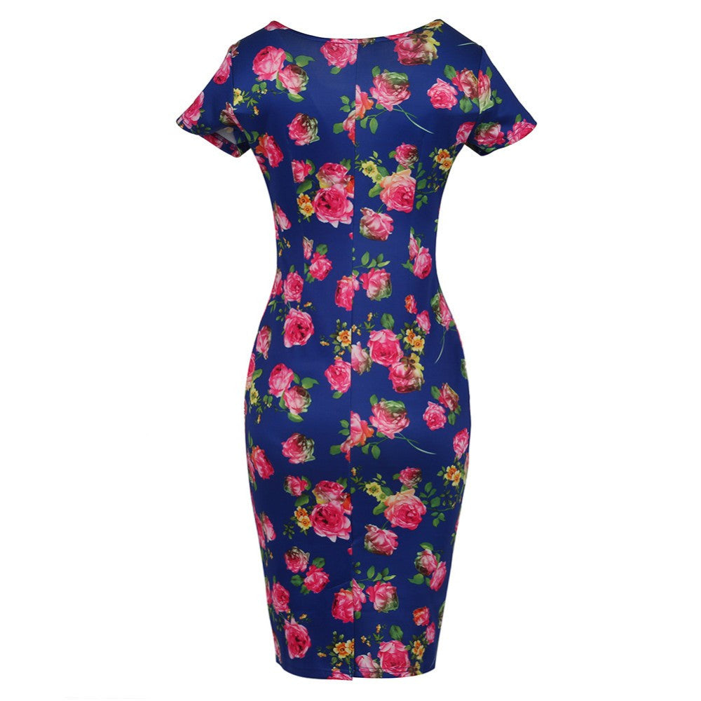 Floral Dress  Work Busines Casual Flower Print O-Neck Short Sleeve Bodyon Pencil Dress - Sins & Temptations