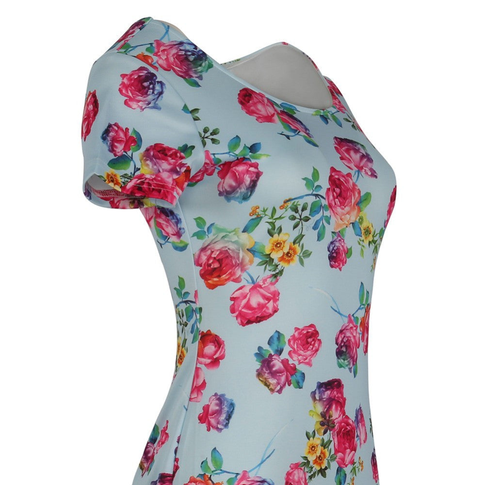 Floral Dress  Work Busines Casual Flower Print O-Neck Short Sleeve Bodyon Pencil Dress - Sins & Temptations