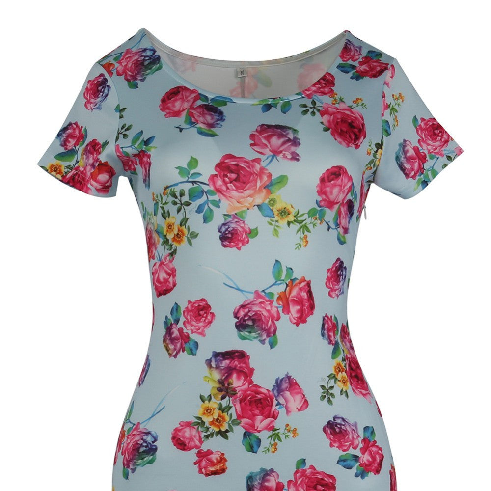 Floral Dress  Work Busines Casual Flower Print O-Neck Short Sleeve Bodyon Pencil Dress - Sins & Temptations