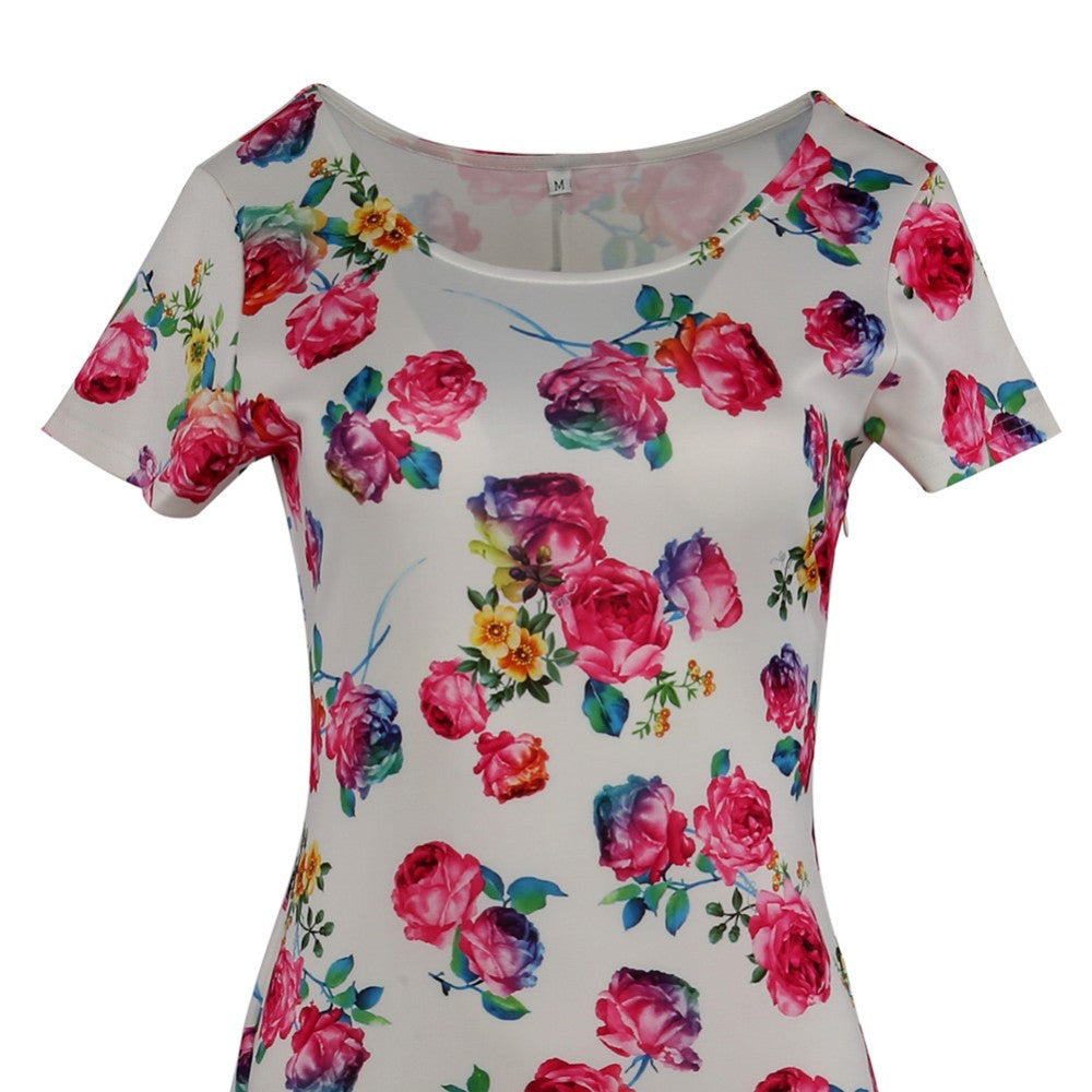 Floral Dress  Work Busines Casual Flower Print O-Neck Short Sleeve Bodyon Pencil Dress - Sins & Temptations