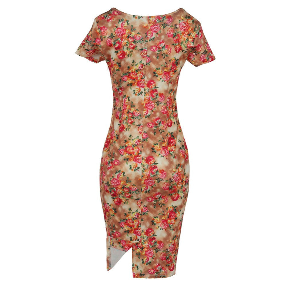 Floral Dress  Work Busines Casual Flower Print O-Neck Short Sleeve Bodyon Pencil Dress - Sins & Temptations