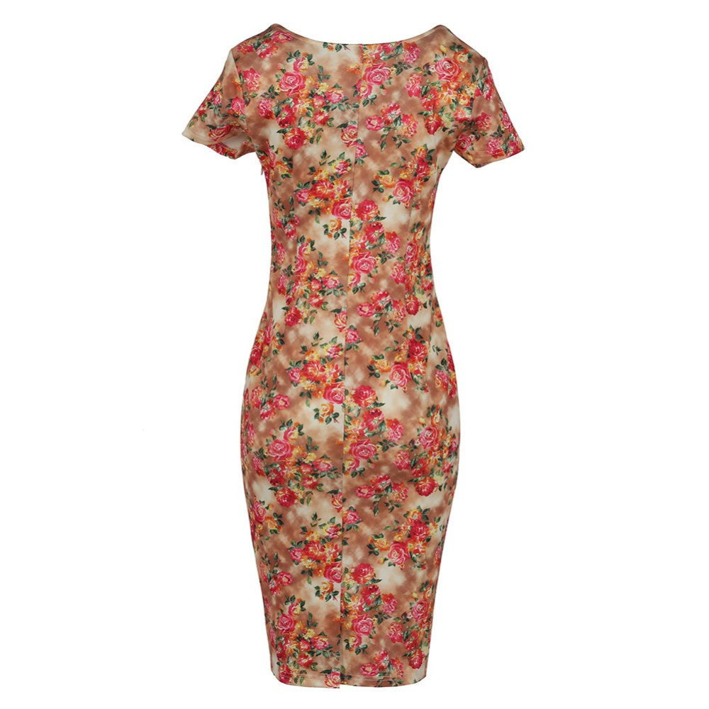 Floral Dress  Work Busines Casual Flower Print O-Neck Short Sleeve Bodyon Pencil Dress - Sins & Temptations