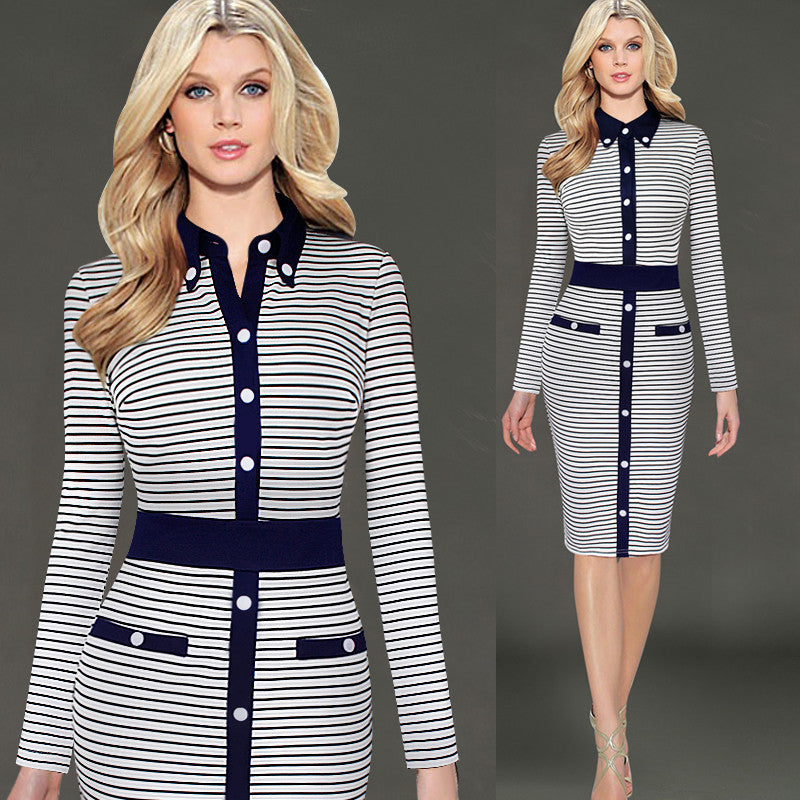 Turn Down Striped Pencil Dress Work Office Business Party Bodycon Pencil Dress - Sins & Temptations