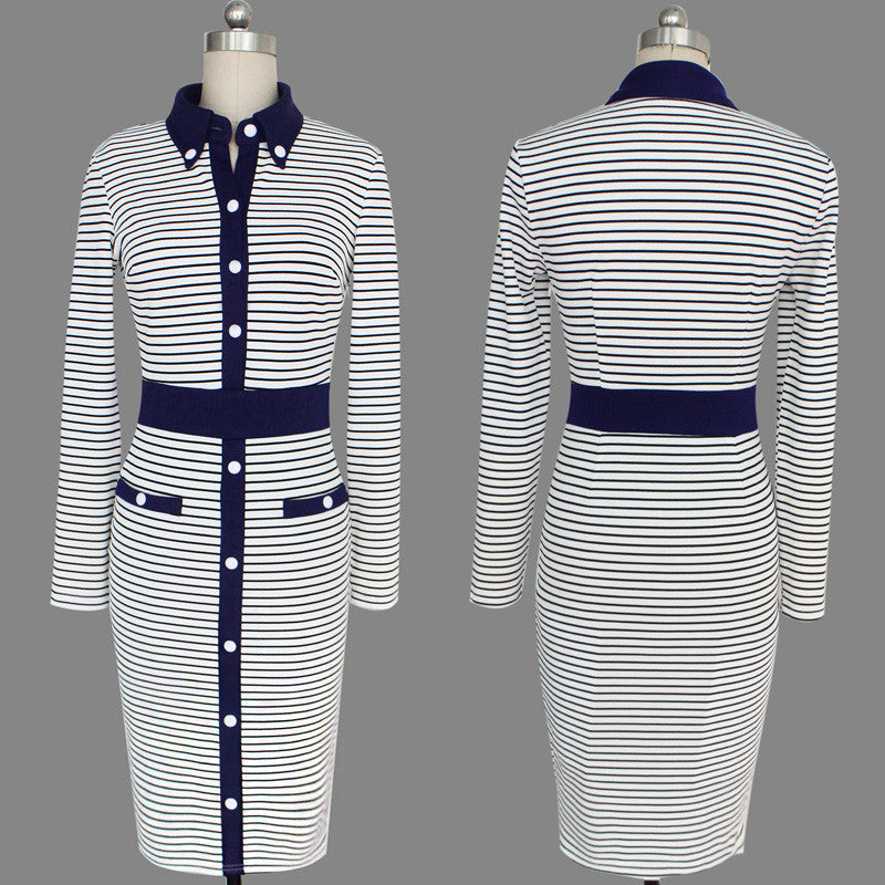 Turn Down Striped Pencil Dress Work Office Business Party Bodycon Pencil Dress - Sins & Temptations