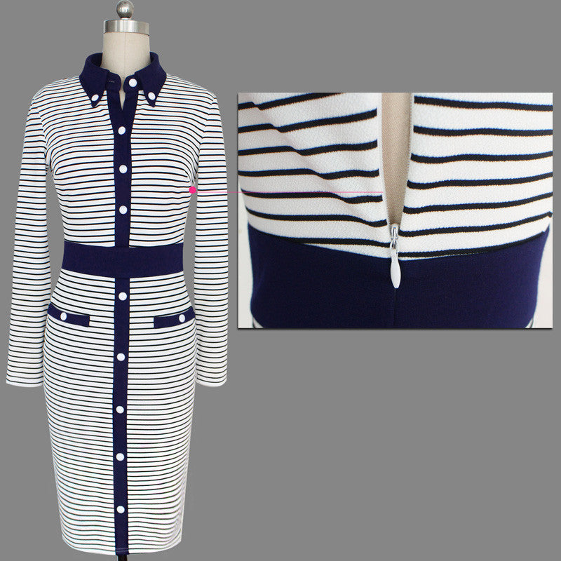 Turn Down Striped Pencil Dress Work Office Business Party Bodycon Pencil Dress - Sins & Temptations