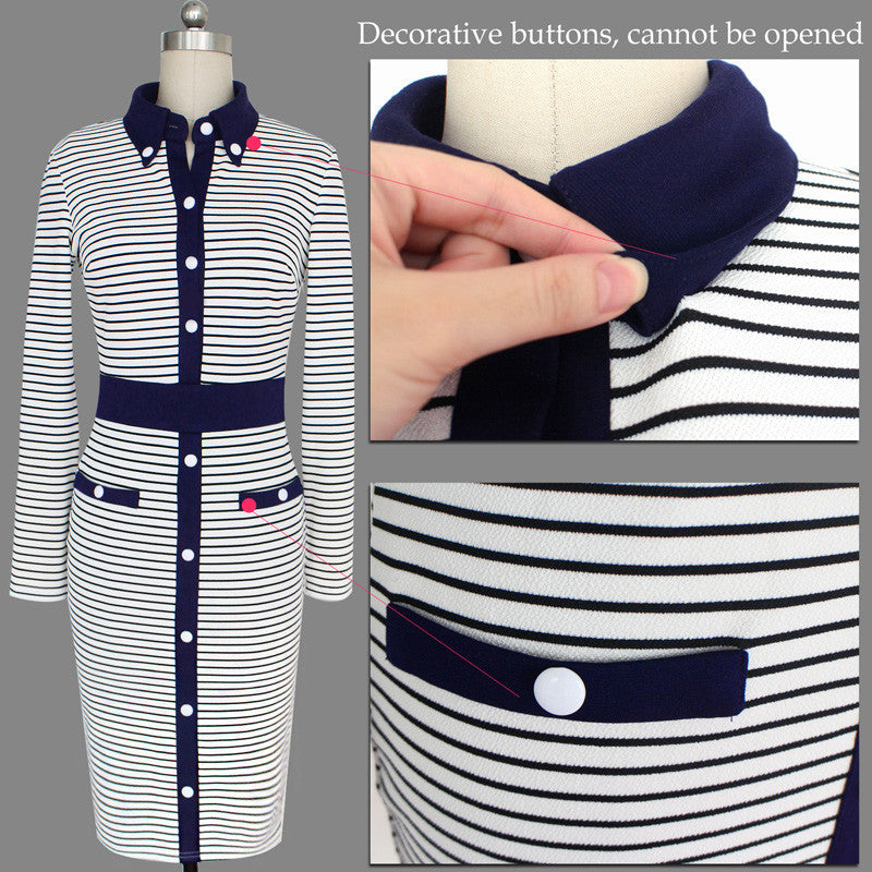 Turn Down Striped Pencil Dress Work Office Business Party Bodycon Pencil Dress - Sins & Temptations
