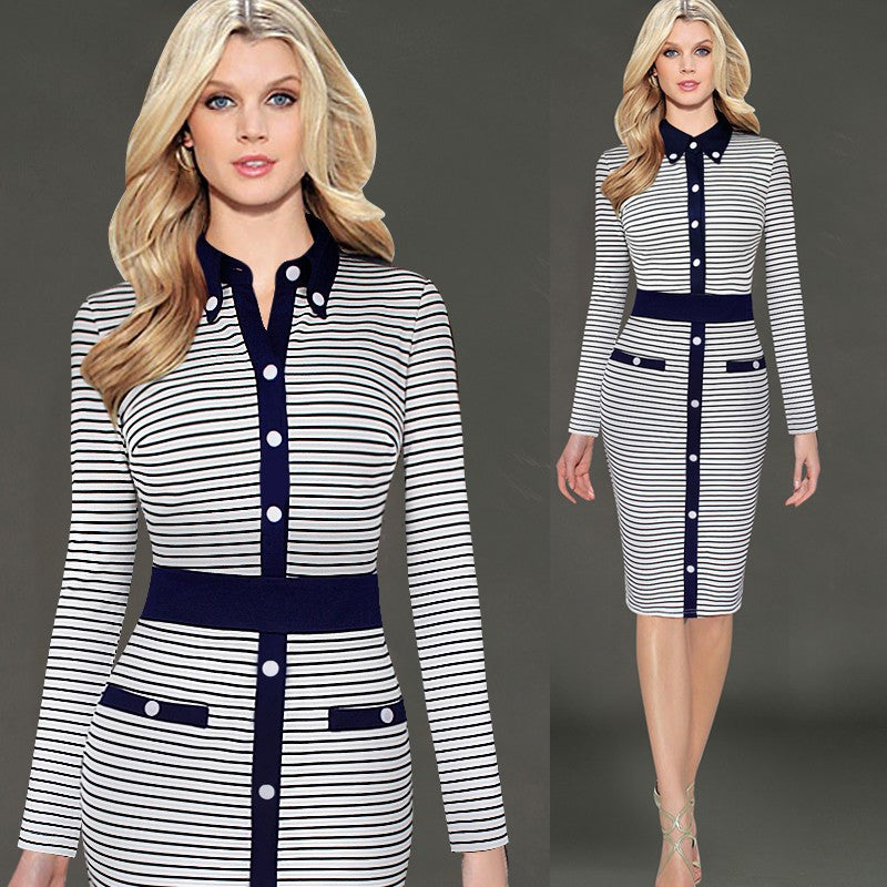 Turn Down Striped Pencil Dress Work Office Business Party Bodycon Pencil Dress - Sins & Temptations