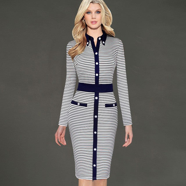 Turn Down Striped Pencil Dress Work Office Business Party Bodycon Pencil Dress - Sins & Temptations