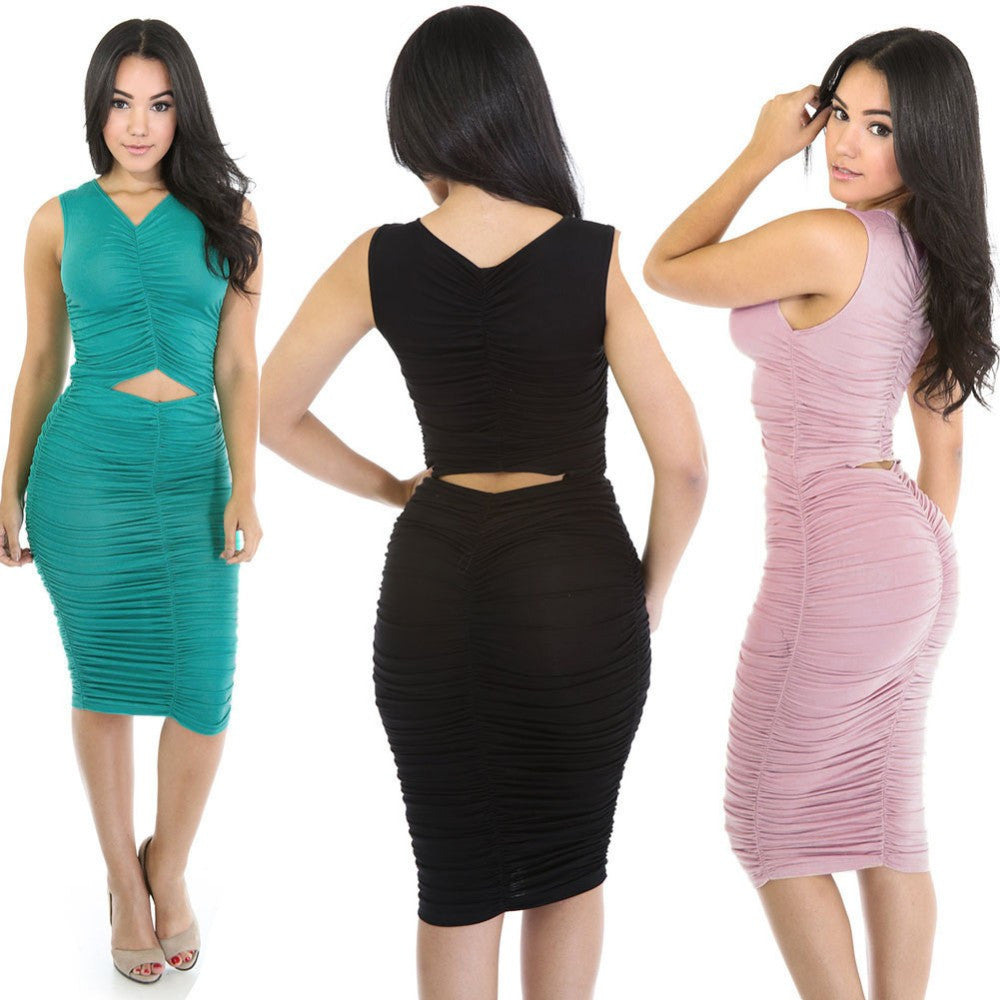 Women V Neck Cutout Dress Sleeveless Casual Knee Length Apricot vestido de festa - Sins & Temptations