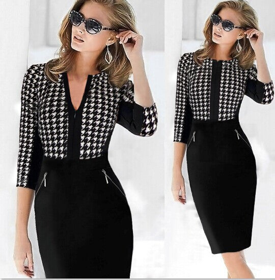 Zippers Plaid Dress Women Work Wear Busines Casual 3/4 Sleeve Bodyon Dress - Sins & Temptations