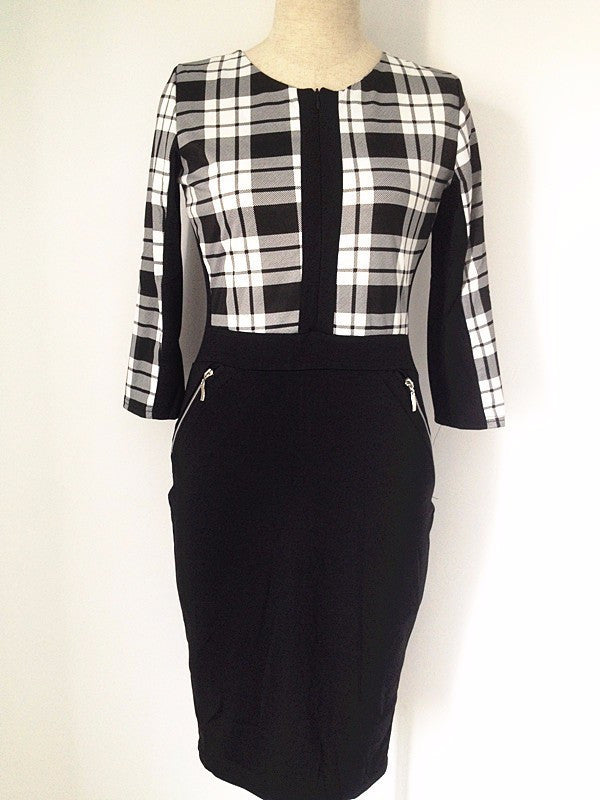 Zippers Plaid Dress Women Work Wear Busines Casual 3/4 Sleeve Bodyon Dress - Sins & Temptations