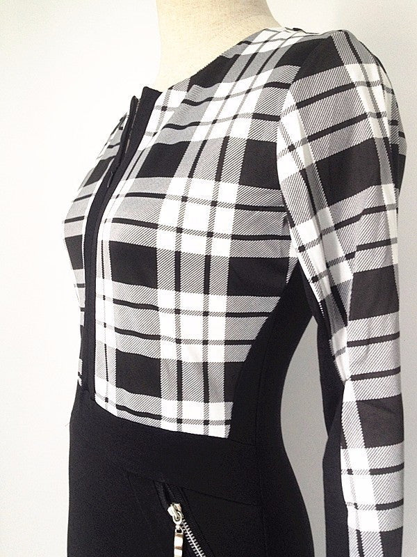 Zippers Plaid Dress Women Work Wear Busines Casual 3/4 Sleeve Bodyon Dress - Sins & Temptations