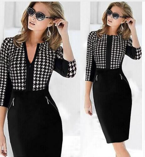 Zippers Plaid Dress Women Work Wear Busines Casual 3/4 Sleeve Bodyon Dress - Sins & Temptations
