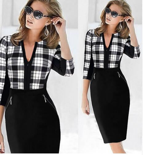 Zippers Plaid Dress Women Work Wear Busines Casual 3/4 Sleeve Bodyon Dress - Sins & Temptations