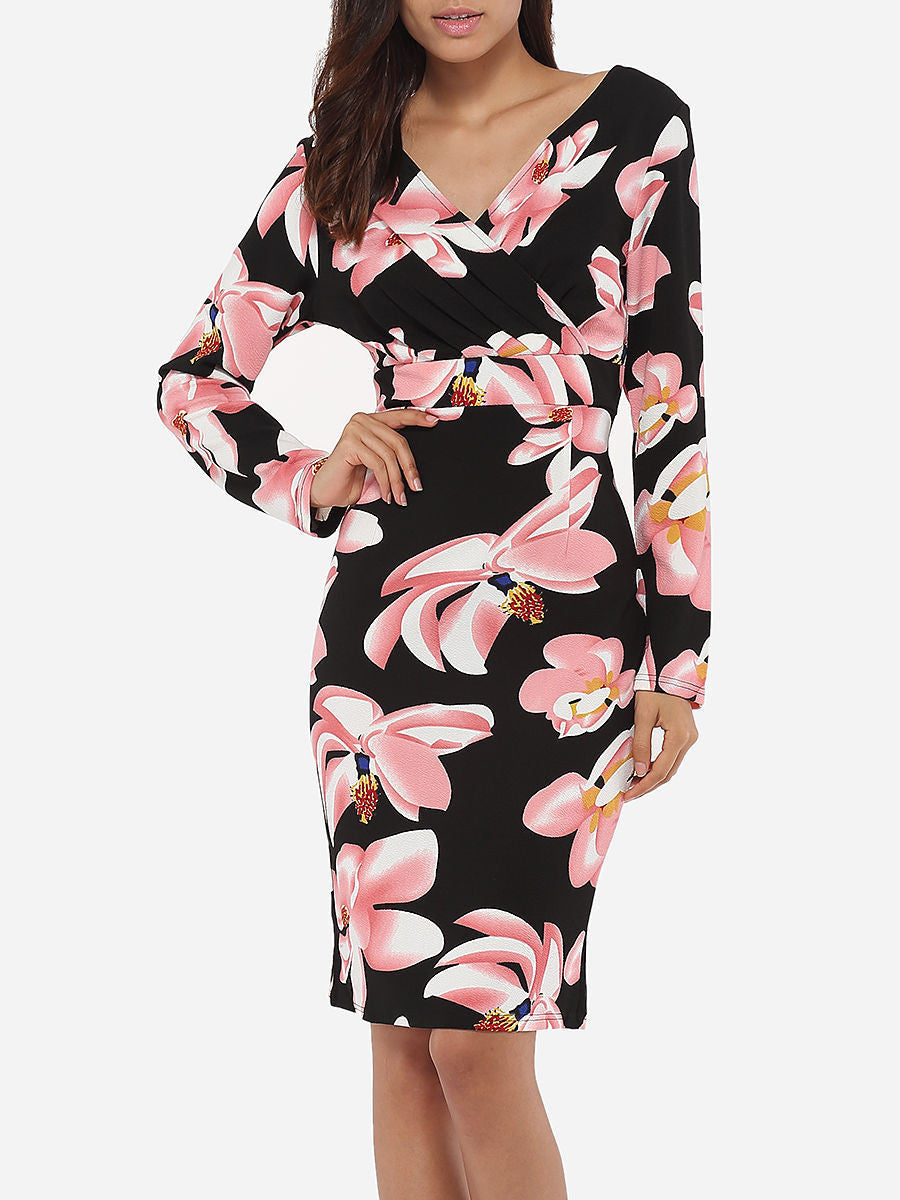 Women V-Neck Pencil Dress Business Casual Flower Print Floral Office Dress - Sins & Temptations