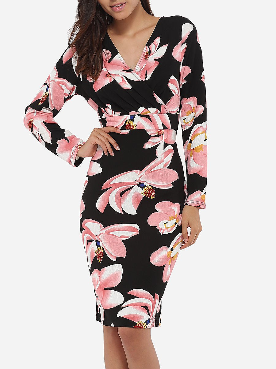 Women V-Neck Pencil Dress Business Casual Flower Print Floral Office Dress - Sins & Temptations