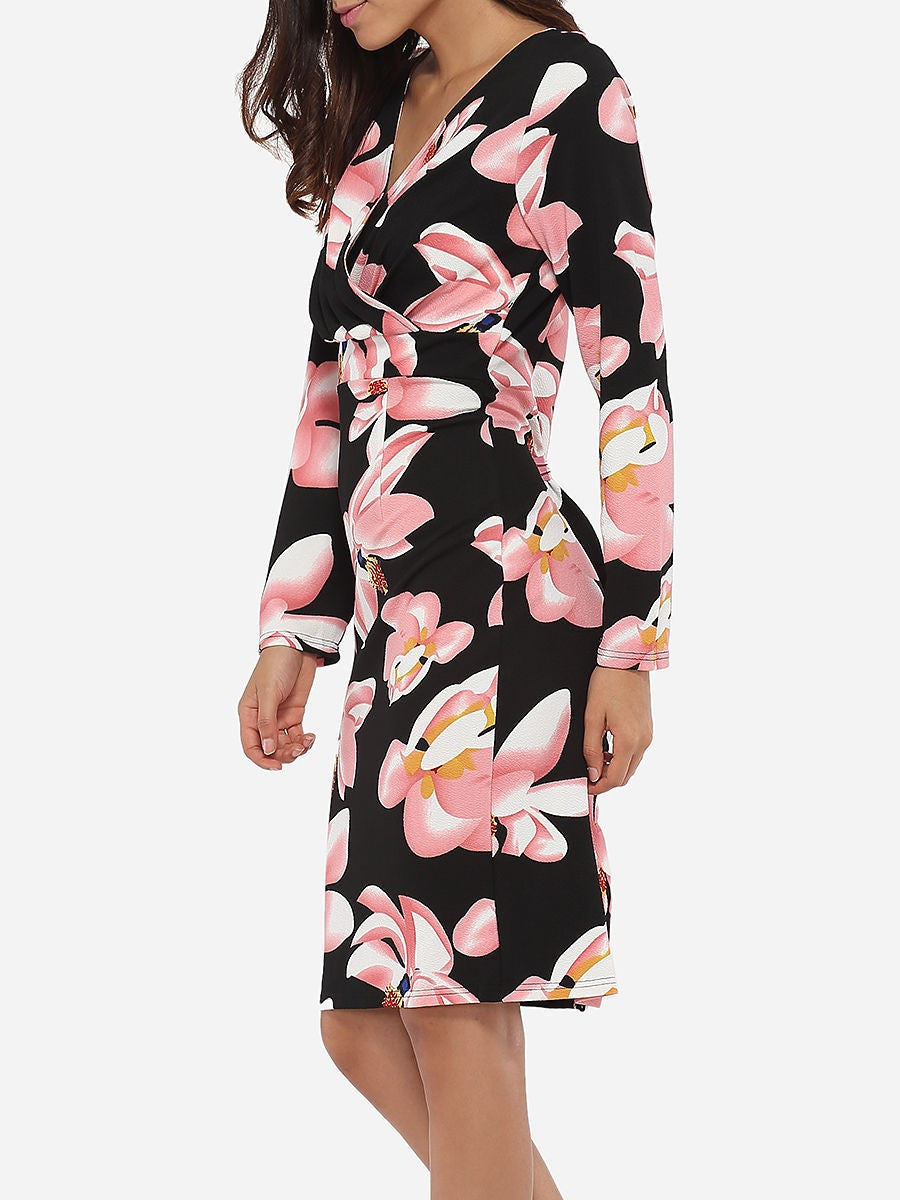 Women V-Neck Pencil Dress Business Casual Flower Print Floral Office Dress - Sins & Temptations