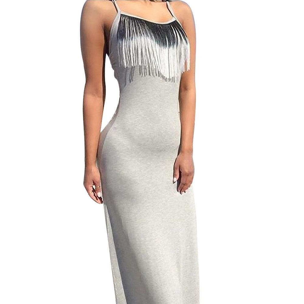 Women Tassel Midi Dress Spaghetti Strap Sleeveless Backless Bodycon Dress vestidos - Sins & Temptations