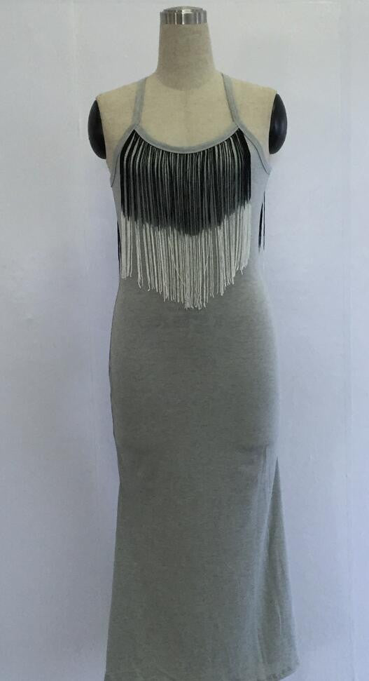 Women Tassel Midi Dress Spaghetti Strap Sleeveless Backless Bodycon Dress vestidos - Sins & Temptations