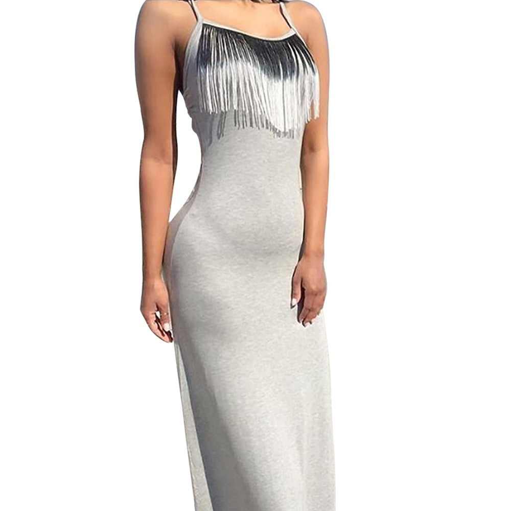 Women Tassel Midi Dress Spaghetti Strap Sleeveless Backless Bodycon Dress vestidos - Sins & Temptations