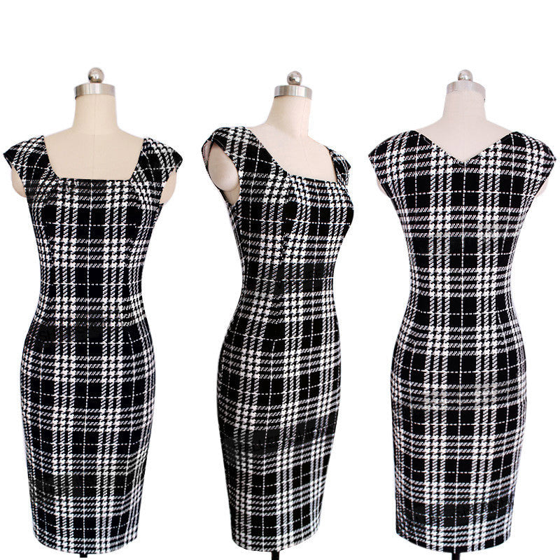 Womens Summer Sleeveless Dress Elegant Tartan Square Neck Tunic - Sins & Temptations