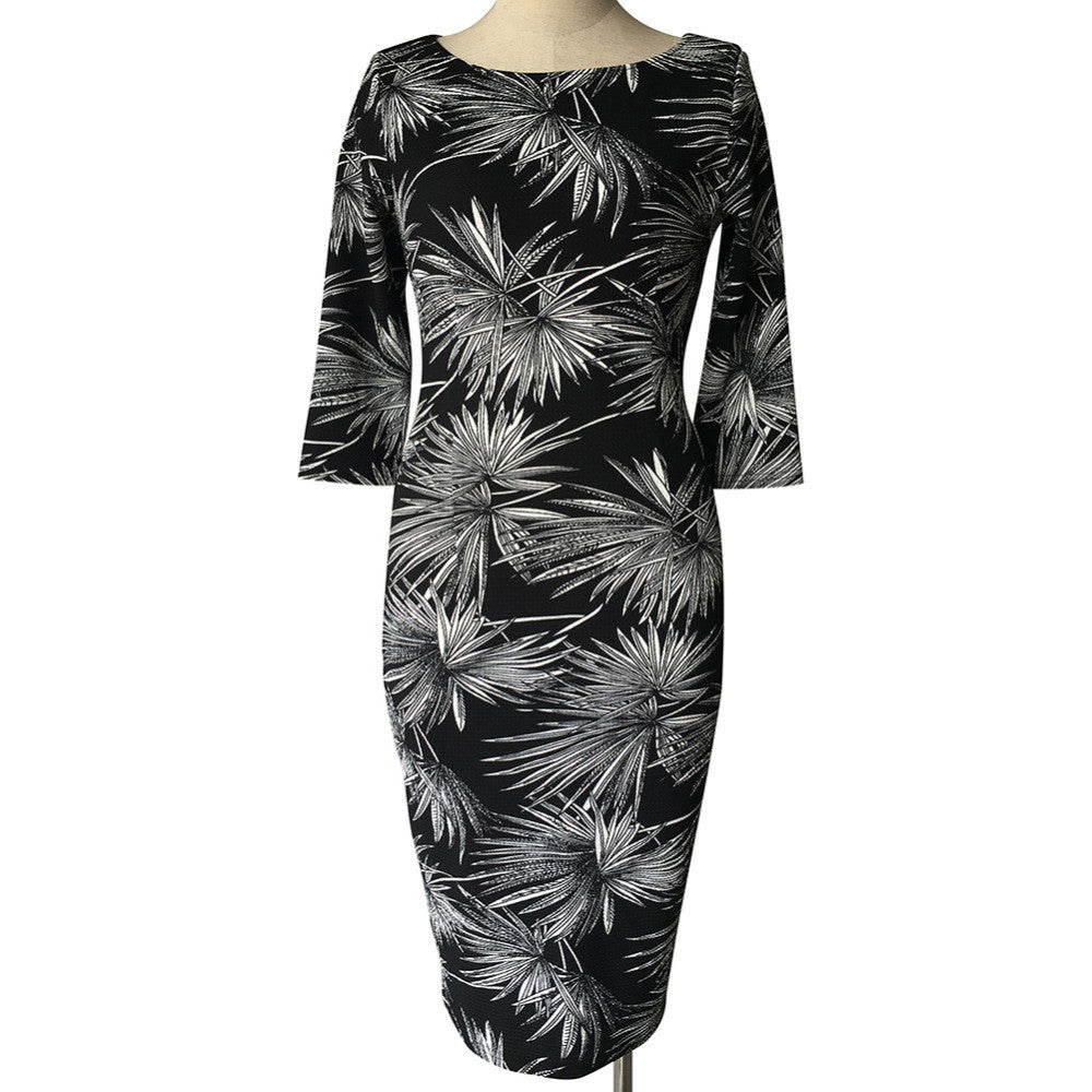 Womens Spring Elegant Leaf Print Retro Slim Work Wear Office Party Dress - Sins & Temptations
