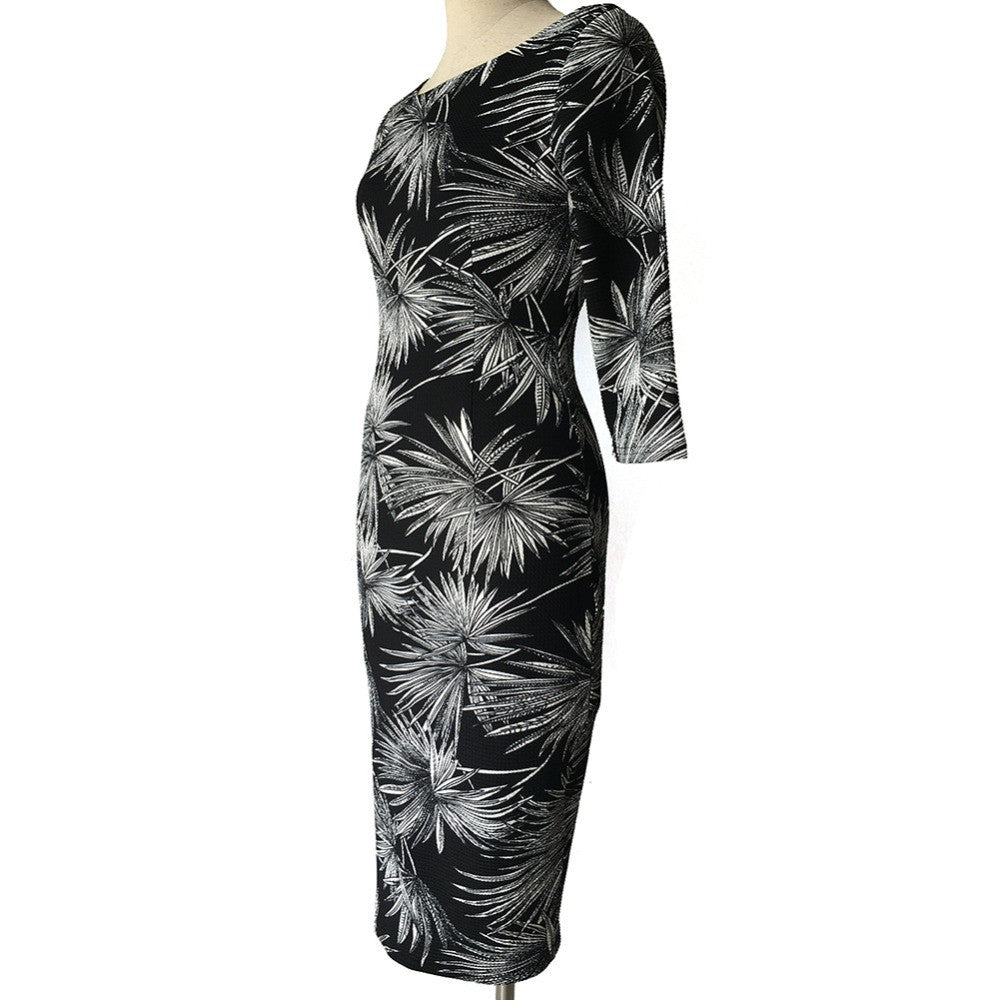 Womens Spring Elegant Leaf Print Retro Slim Work Wear Office Party Dress - Sins & Temptations