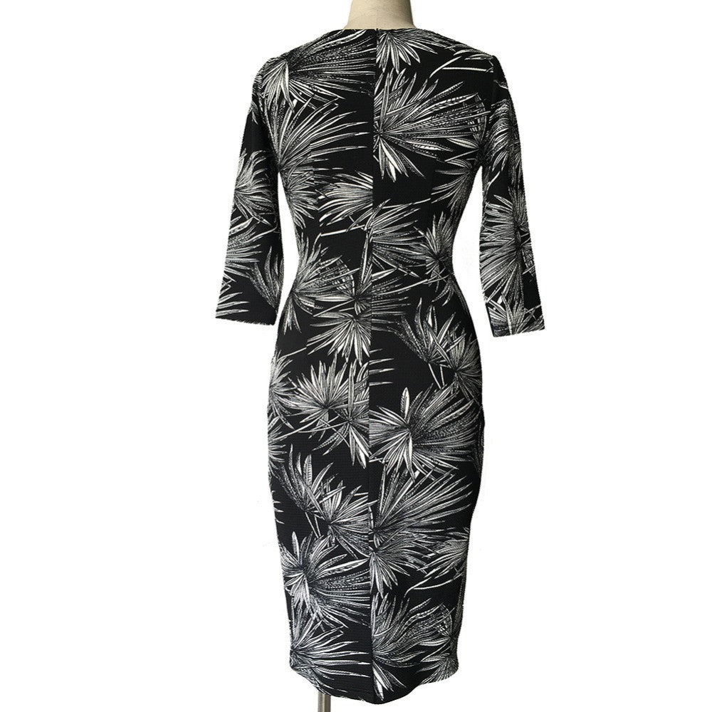 Womens Spring Elegant Leaf Print Retro Slim Work Wear Office Party Dress - Sins & Temptations
