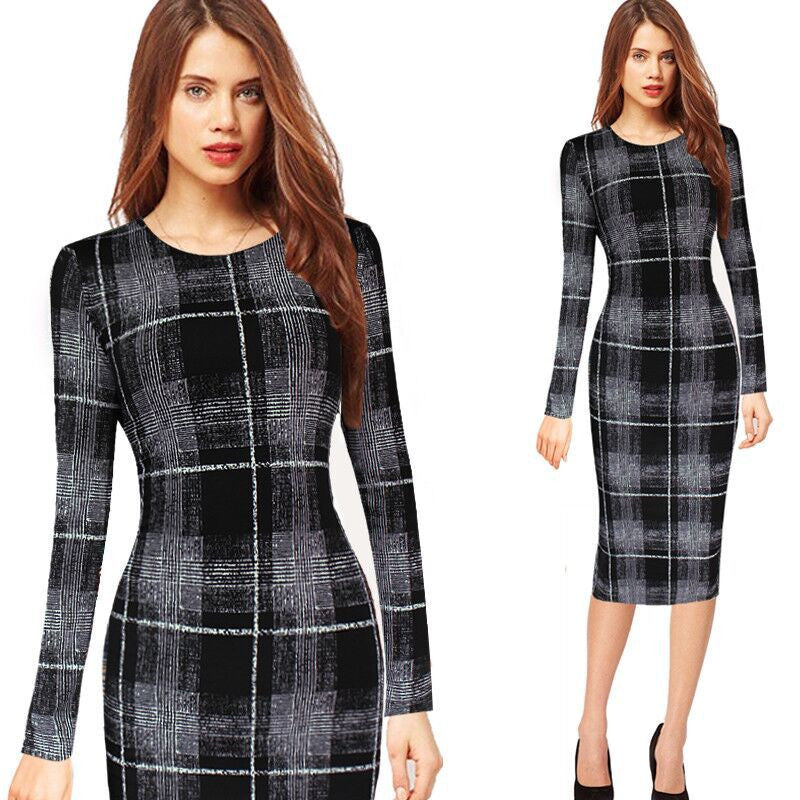 Retro Spring Dress Round Neck Long Sleeve Printed Pencil Dresses Office Work Plaid vestido - Sins & Temptations