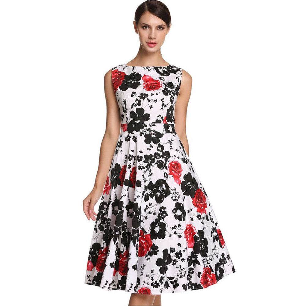 Floral Hepburn Gowns Dress Casual Slash Neck Sleeveless Rose Flower Print Skater Dress - Sins & Temptations