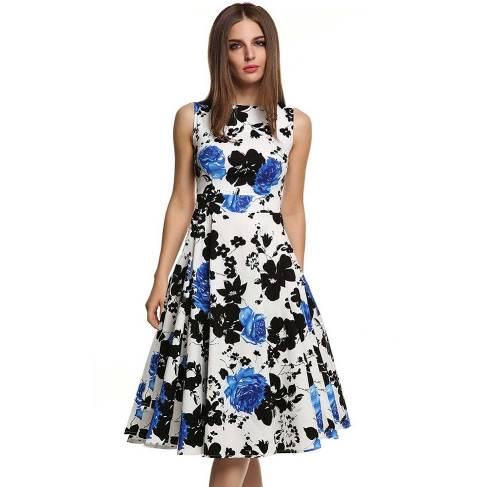 Floral Hepburn Gowns Dress Casual Slash Neck Sleeveless Rose Flower Print Skater Dress - Sins & Temptations