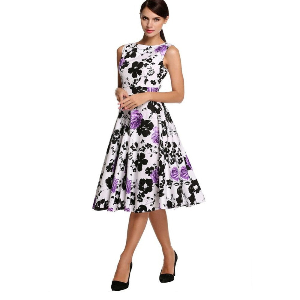 Floral Hepburn Gowns Dress Casual Slash Neck Sleeveless Rose Flower Print Skater Dress - Sins & Temptations