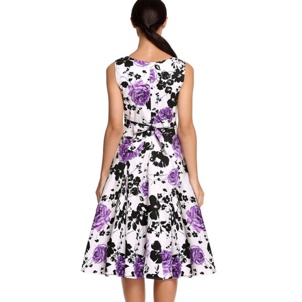Floral Hepburn Gowns Dress Casual Slash Neck Sleeveless Rose Flower Print Skater Dress - Sins & Temptations