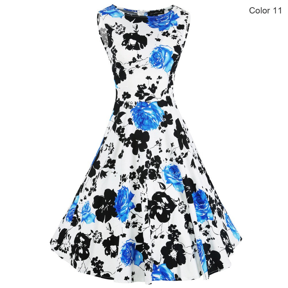 Floral Hepburn Gowns Dress Casual Slash Neck Sleeveless Rose Flower Print Skater Dress - Sins & Temptations