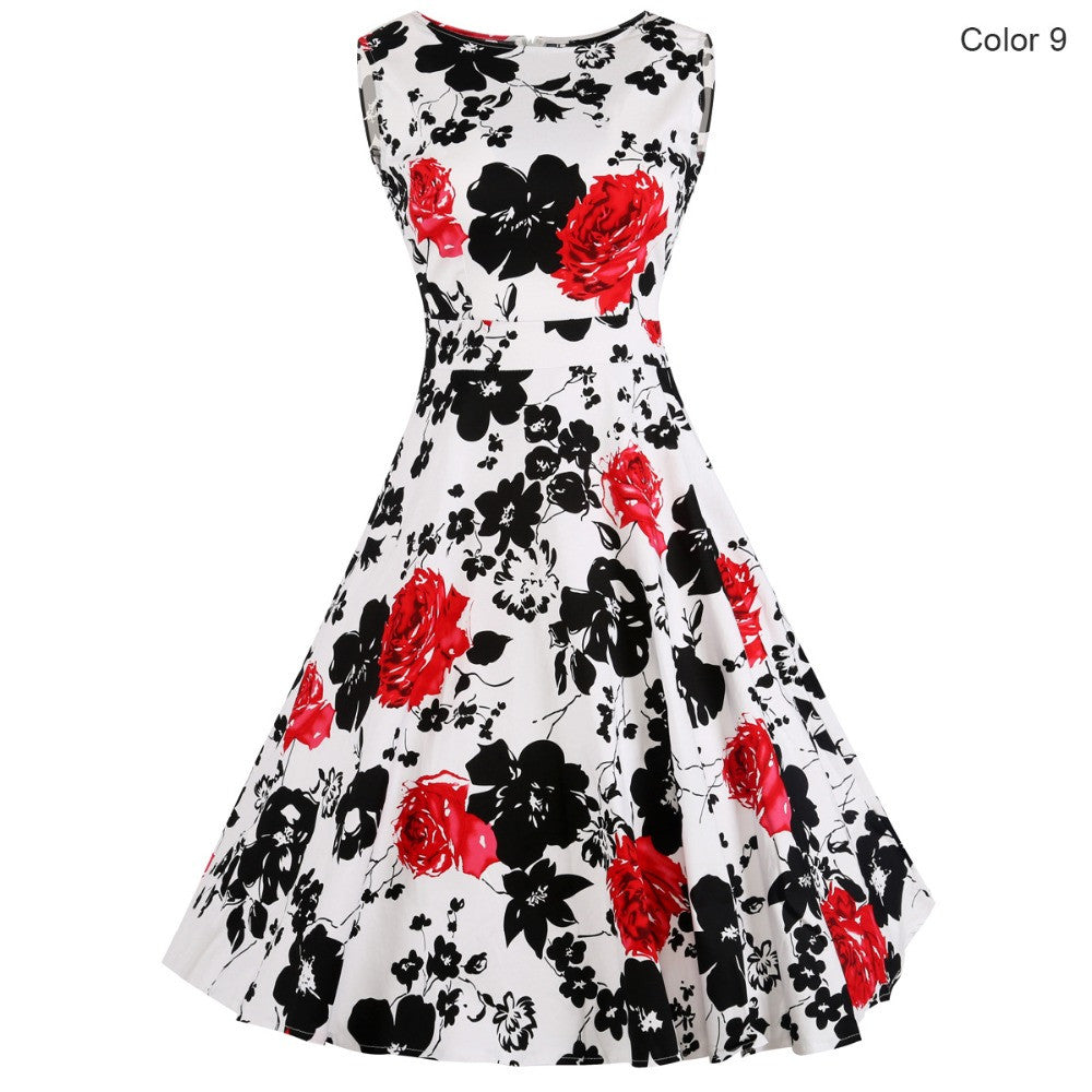 Floral Hepburn Gowns Dress Casual Slash Neck Sleeveless Rose Flower Print Skater Dress - Sins & Temptations