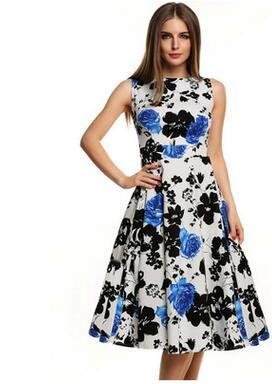 Floral Hepburn Gowns Dress Casual Slash Neck Sleeveless Rose Flower Print Skater Dress - Sins & Temptations