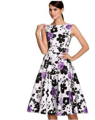 Floral Hepburn Gowns Dress Casual Slash Neck Sleeveless Rose Flower Print Skater Dress - Sins & Temptations