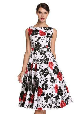 Floral Hepburn Gowns Dress Casual Slash Neck Sleeveless Rose Flower Print Skater Dress - Sins & Temptations