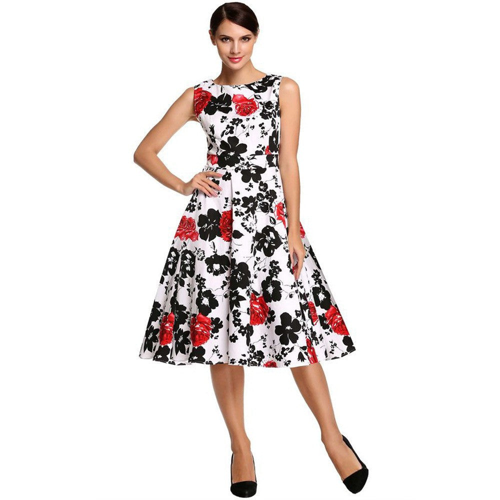Floral Hepburn Gowns Dress Casual Slash Neck Sleeveless Rose Flower Print Skater Dress - Sins & Temptations
