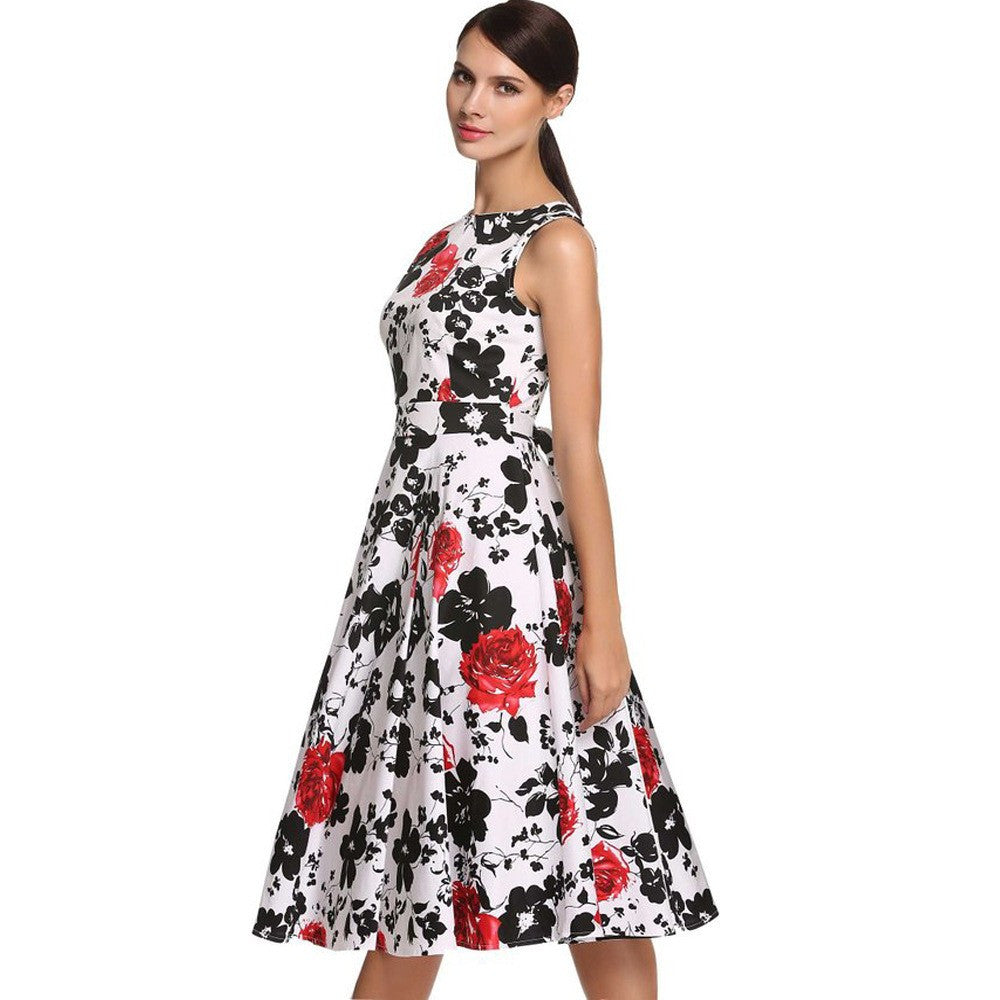Floral Hepburn Gowns Dress Casual Slash Neck Sleeveless Rose Flower Print Skater Dress - Sins & Temptations