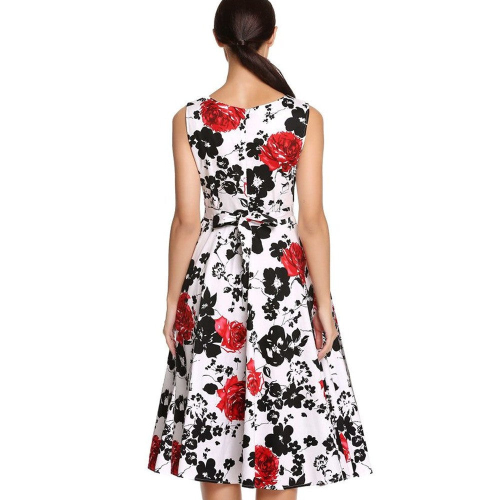 Floral Hepburn Gowns Dress Casual Slash Neck Sleeveless Rose Flower Print Skater Dress - Sins & Temptations