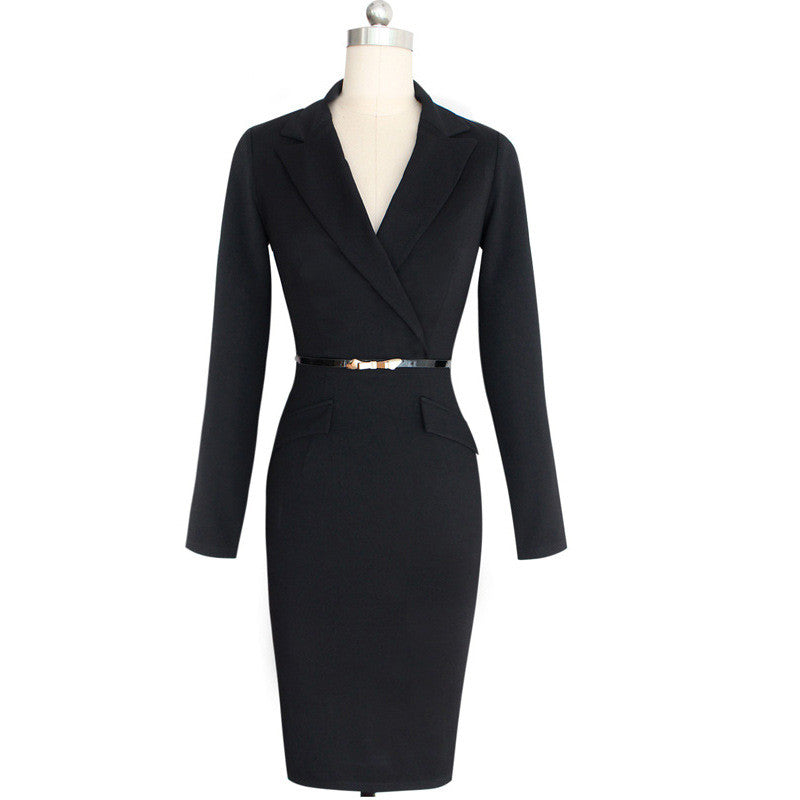 Causal Work Wear Dress with Belt Lapel Faux Wrapped V Neck Business Office Sheath Dress - Sins & Temptations
