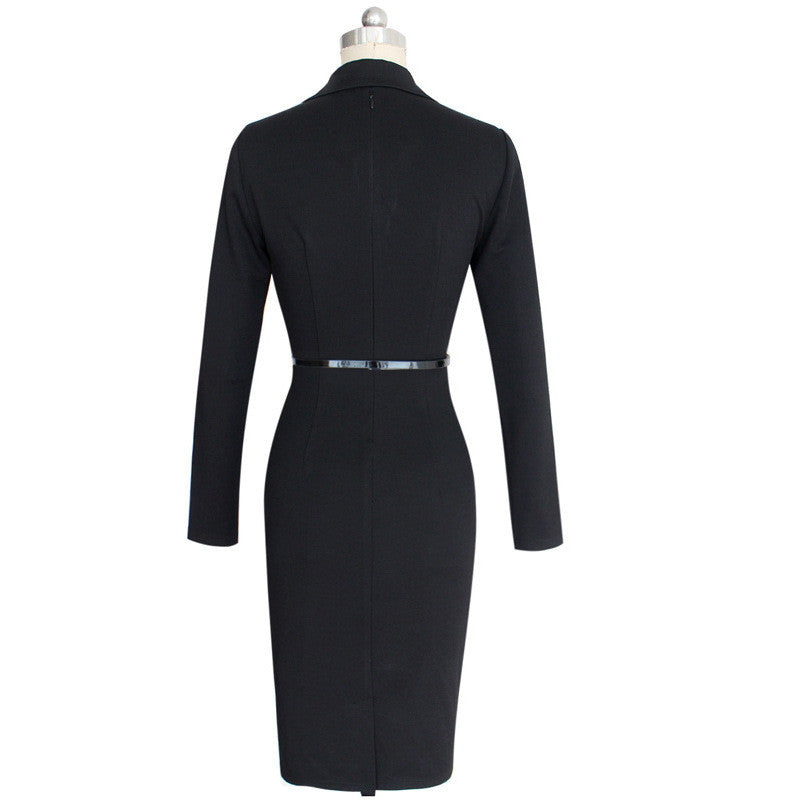 Causal Work Wear Dress with Belt Lapel Faux Wrapped V Neck Business Office Sheath Dress - Sins & Temptations