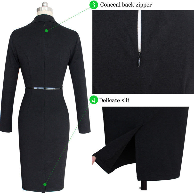 Causal Work Wear Dress with Belt Lapel Faux Wrapped V Neck Business Office Sheath Dress - Sins & Temptations