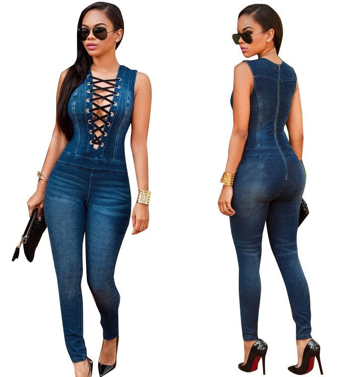 Denim Jumpsuit Lace Up One Piece Romper - Sins & Temptations