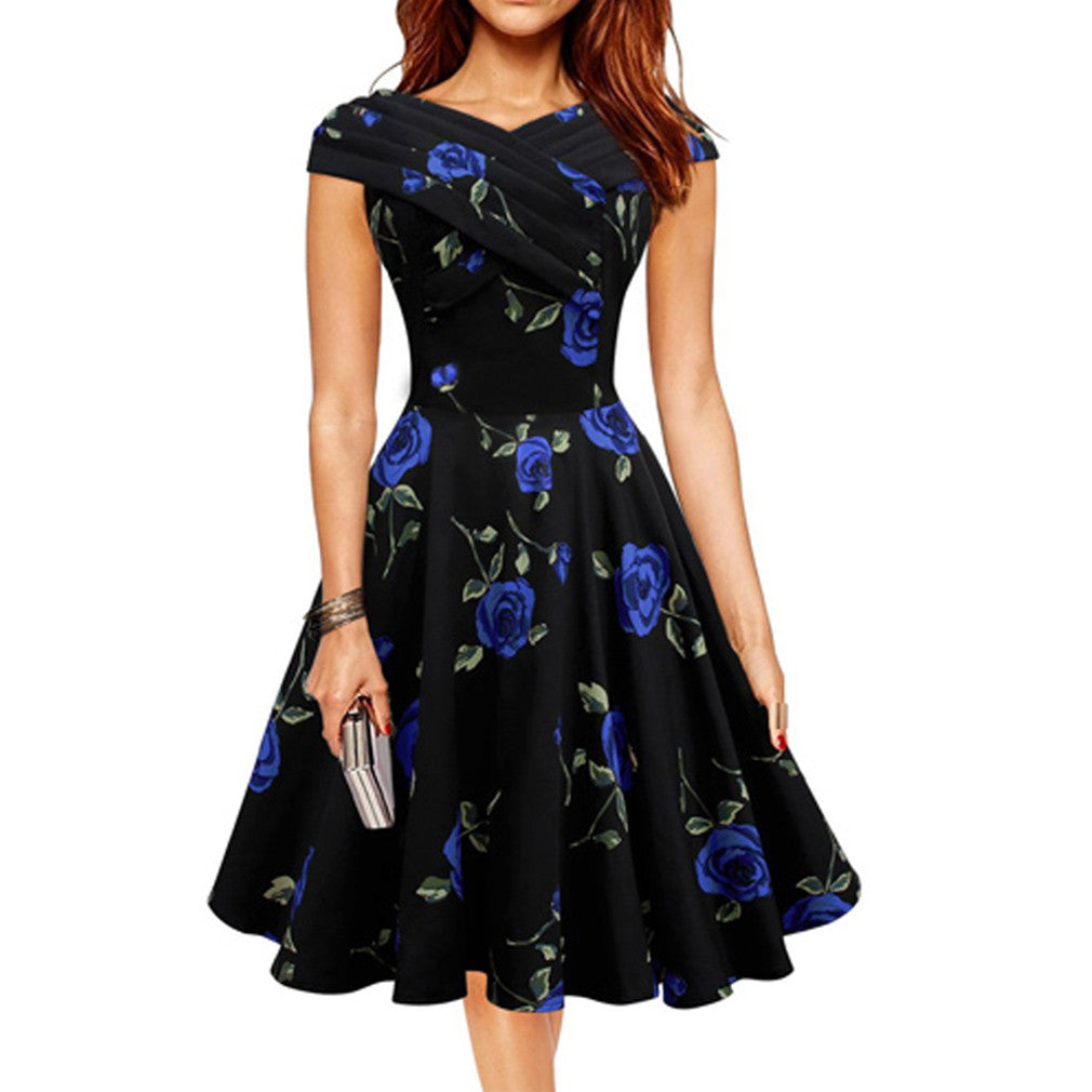 Elegant Rose floral Print Retro Dress Plus Size Party Female Vestidos - Sins & Temptations