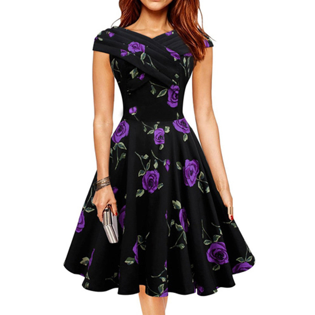 Elegant Rose floral Print Retro Dress Plus Size Party Female Vestidos - Sins & Temptations